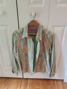 Robert Graham Green and Pink Striped Floral Button-Up Top